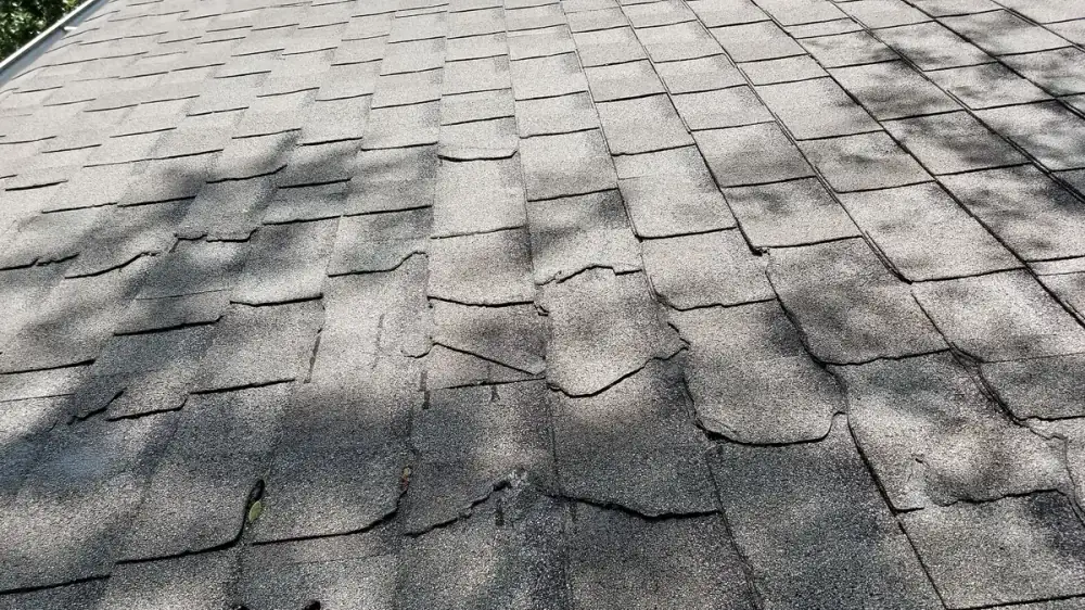 Gray asphalt shingle roof with some dark algae streaking