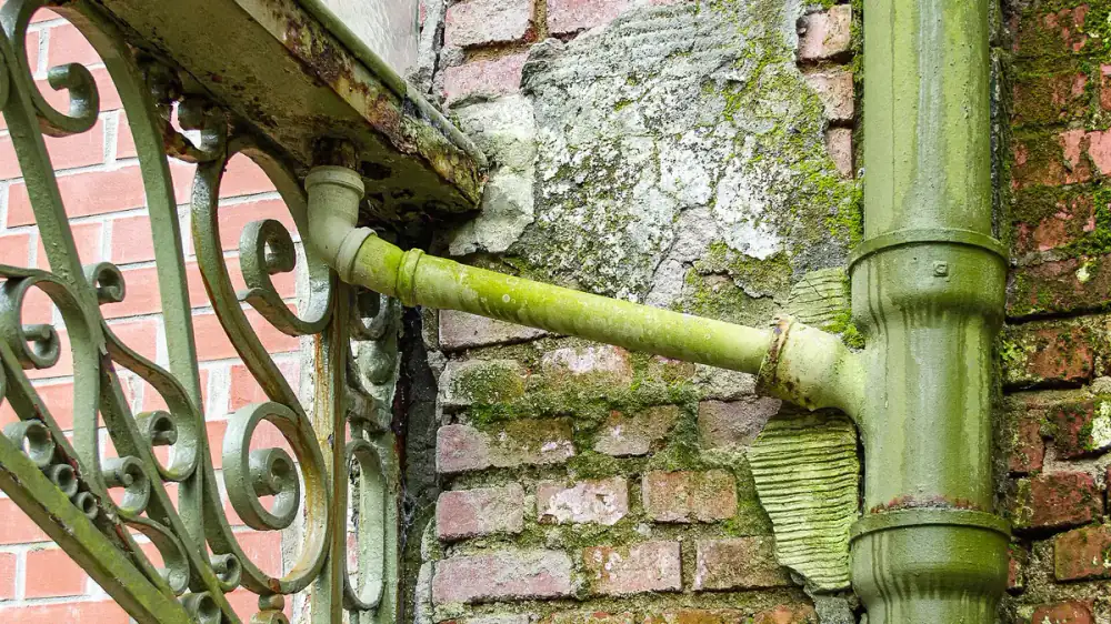 Metal downspout on the side of a house channeling water during heavy rain