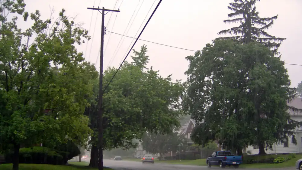 Rain running off a home's roof into gutters with green growth on shaded walls