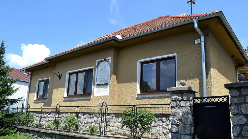 Painted steel gutter along a roof edge with a downspout