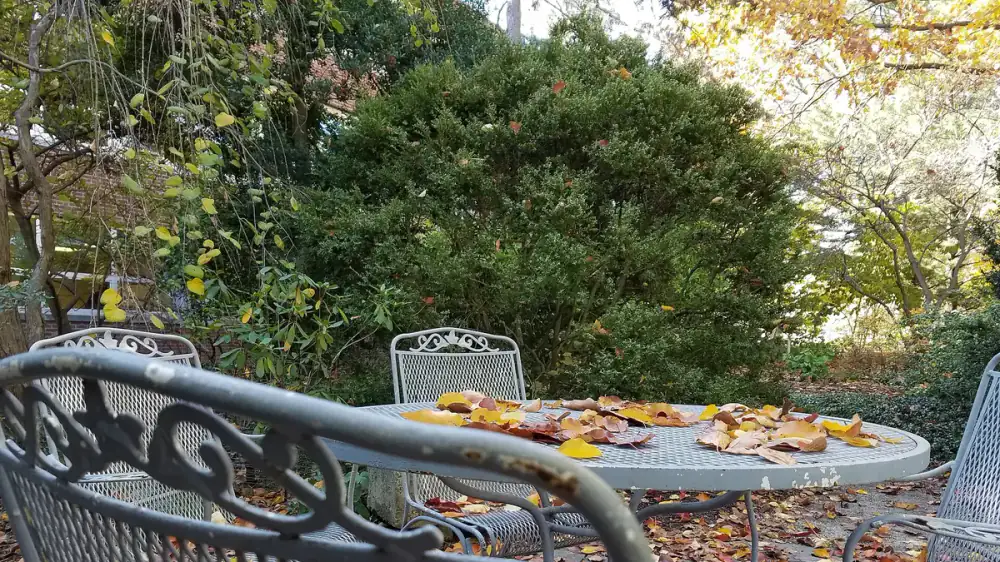 A wooden deck with furniture being covered before winter