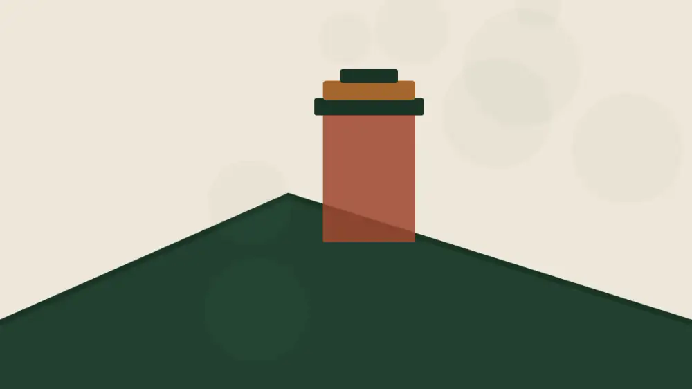 A brick chimney rising through a shingle roof, with metal flashing sealing the joint around its base